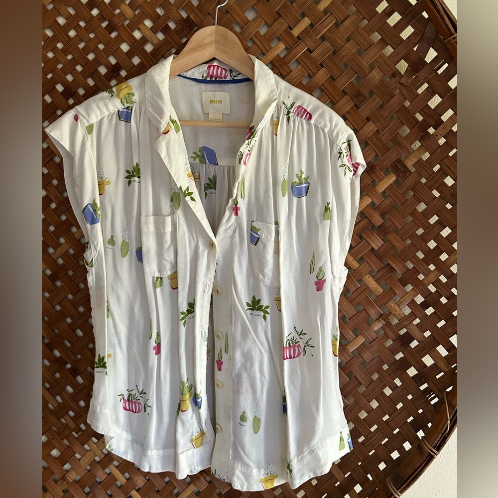 Maeve Anthropologie button down plant collared shirt lightweight white Large
